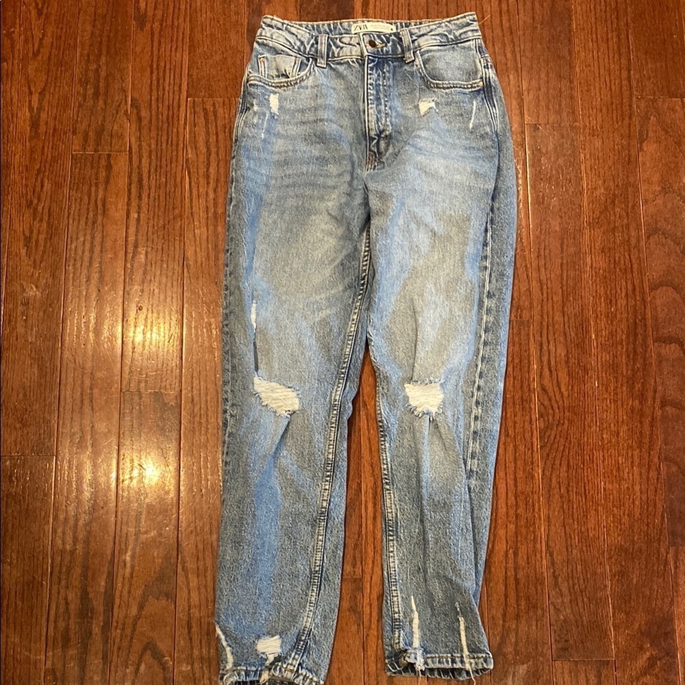 Zara Light Blue Distressed Boyfriend Jeans